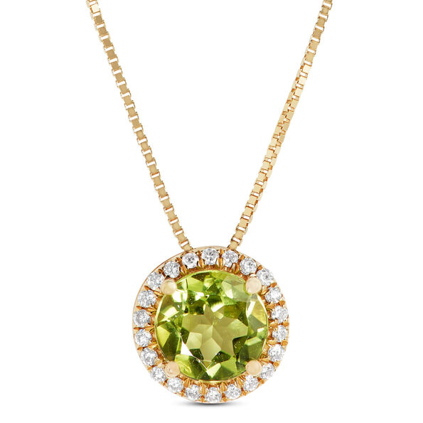 Round Cut Peridot and Diamond Halo Pendant Necklace, 14K Yellow Gold