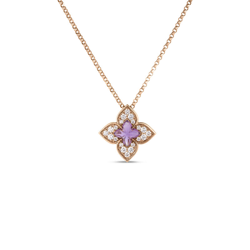 Roberto Coin 18k Rose Gold Venetian Princess Carnival Diamond & Amethyst Small Flower Necklace image number 0