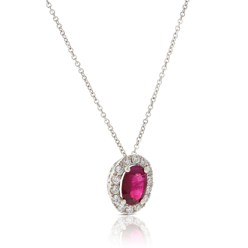 Oval Ruby & Diamond Halo Necklace 14K image number 1