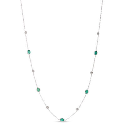 18-Inch Oval Emerald Station Necklace, 14K White Gold