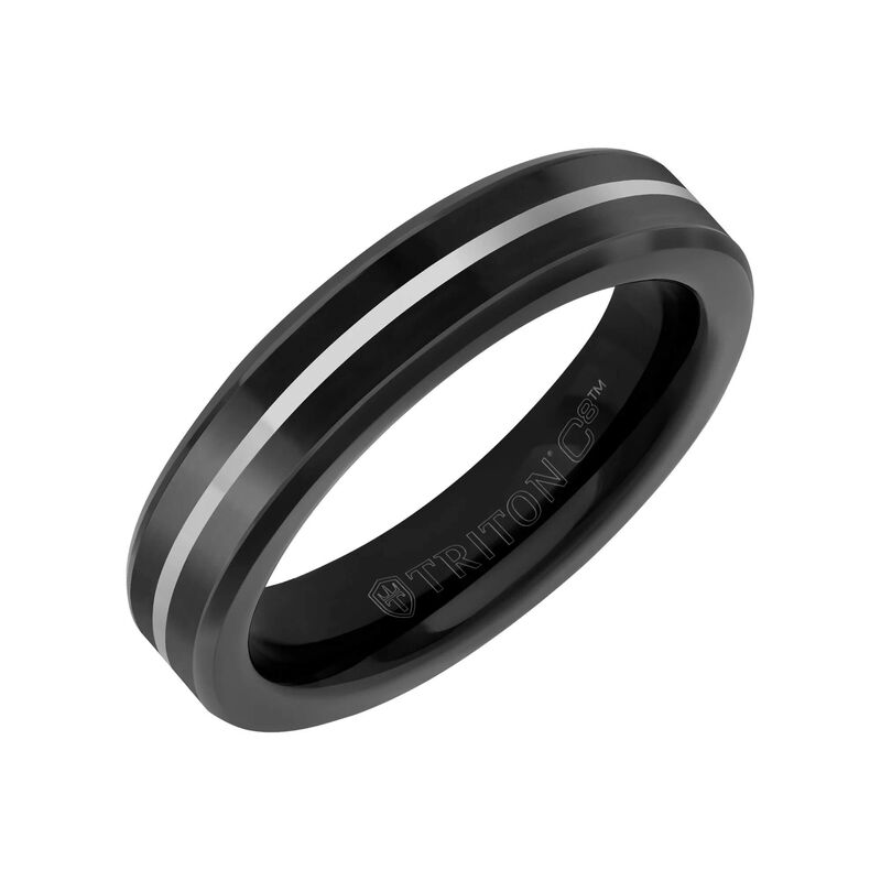 TRITON Black Ceramic Inlay with Silver Center Line and Broken Edge Band in Black Tungsten Carbide, 5MM image number 0