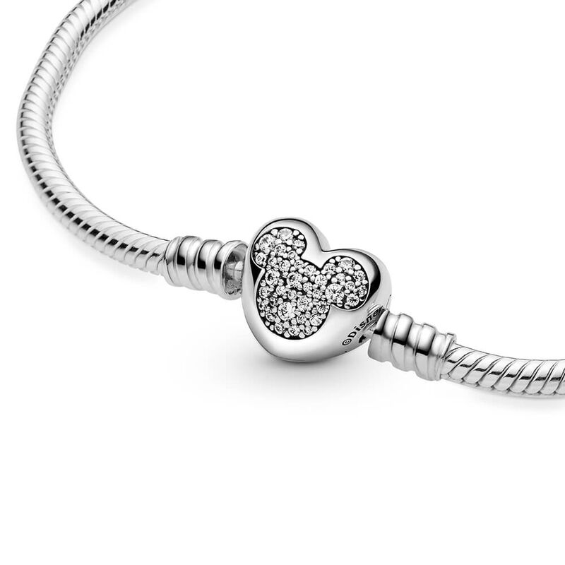 Pandora Disney Mickey Mouse Heart Clasp Snake Chain CZ Bracelet image number 1