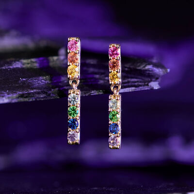 Rainbow Sapphire & Tsavorite Garnet Dangle Bar Earrings 14K