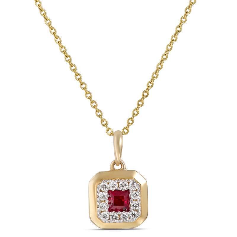 Square Ruby and Round Diamond Pendant, 14K Yellow Gold image number 0