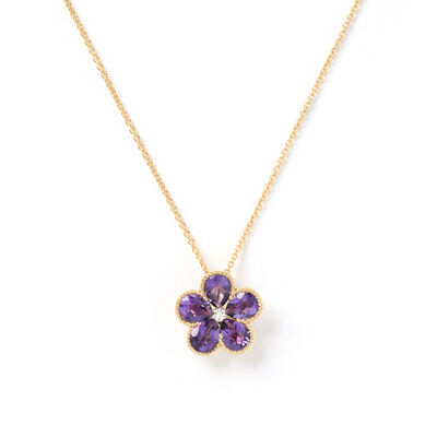 Flower Shaped Amethyst and Diamond Pendant, 14K Yellow Gold