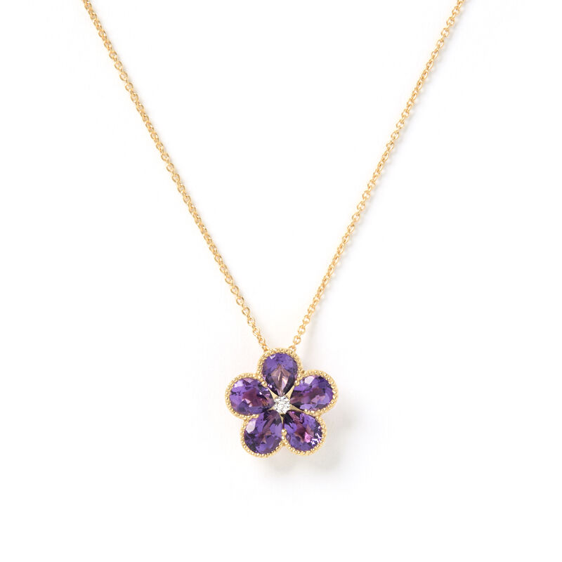 Flower Shaped Amethyst and Diamond Pendant, 14K Yellow Gold image number 0