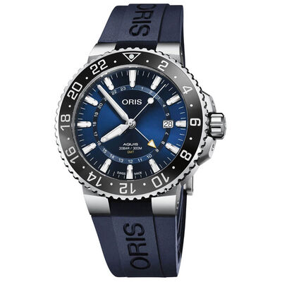 Oris Aquis Ceramic Bezel Blue Rubber Steel GMT Date Watch, 43.5mm