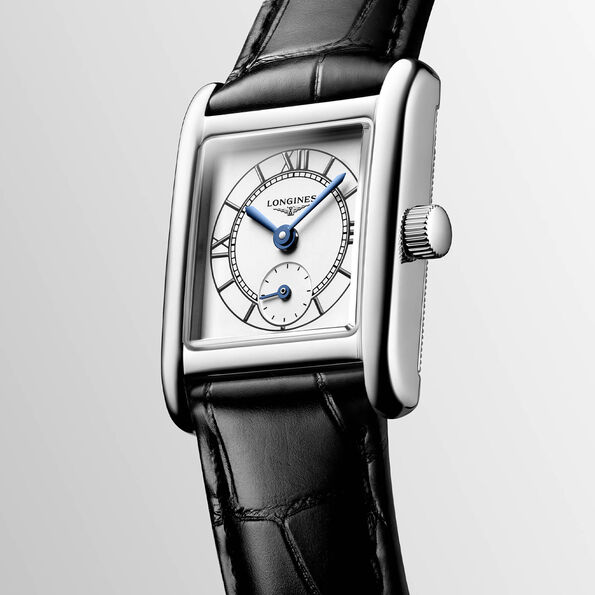 Longines Mini Dolcevita Watch Silver-Tone Dial Black Leather Strap, 29mm