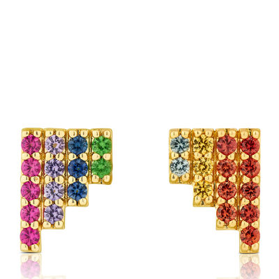 Rainbow Sapphire & Tsavorite Garnet Mini Pyramid Earrings, 14K Yellow Gold