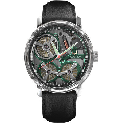 Accutron Spaceview Watch Steel Case Grey Dial Black Leather Strap, 43.5mm