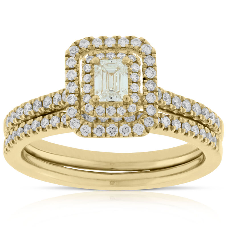 Emerald Cut Diamond Halo Bridal Set 14K image number 0