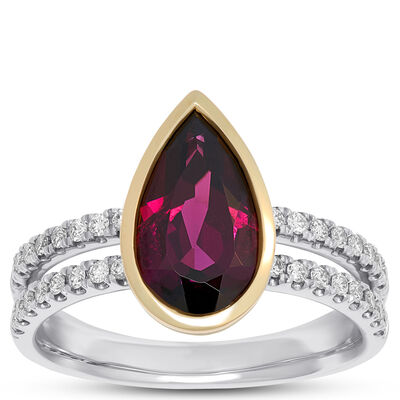 Pear Shaped Rhodolite Ring with Diamonds, &frac14; Carat Total Weight, 14K Two-Tone
