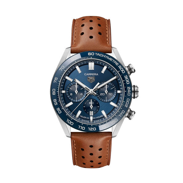 TAG Heuer Carrera Chronograph Watch Blue Dial Brown Leather Strap, 44mm