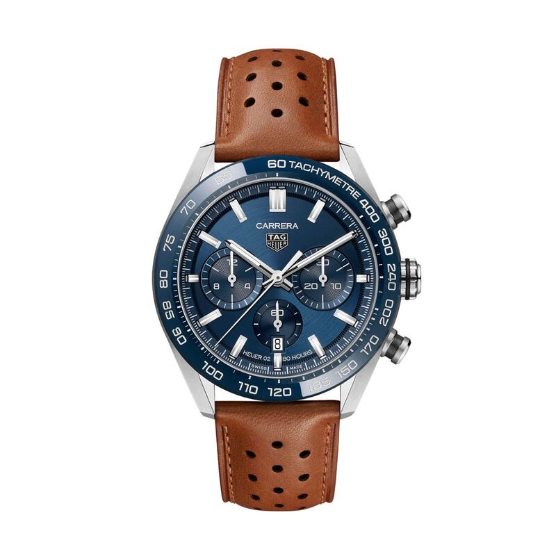 TAG Heuer Carrera Chronograph Watch Blue Dial Brown Leather Strap, 44mm image number 0