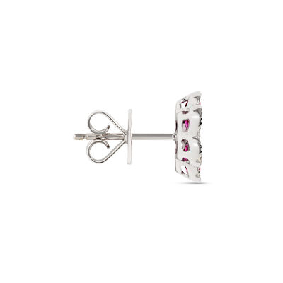 Floral Pear Shaped Ruby Studs with Round Accent Diamonds, 14K White Gold