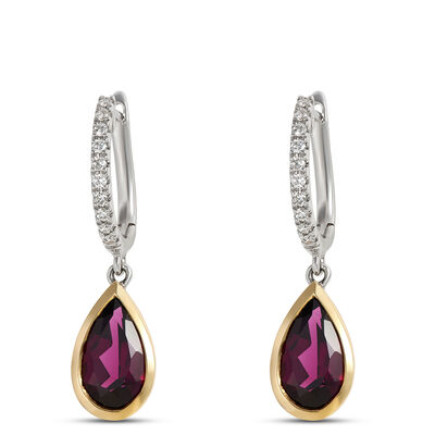 Pear Shaped RhodoliteHoops, 1/10 Total Carat Weight, 14K Two-Tone