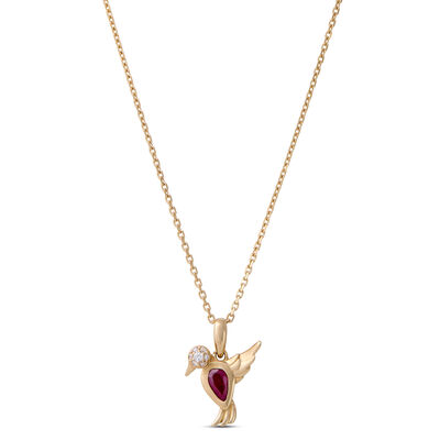 Pear Shaped Ruby Bird Necklace, 14K Yellow Gold
