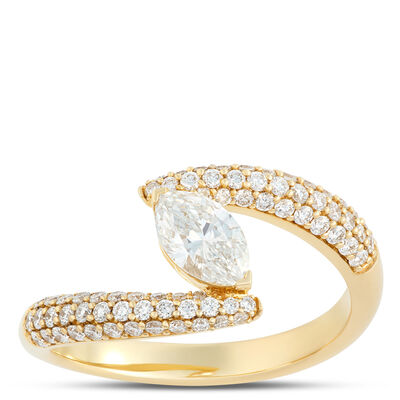 Marquise and Round Diamond Twisted Shank Ring, 1 Carat Total Weight, 18K Yellow Gold