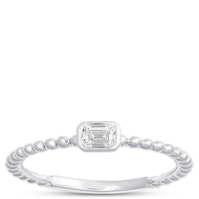 Emerald Cut Diamond Ring with Beaded Shank, 14K White Gold