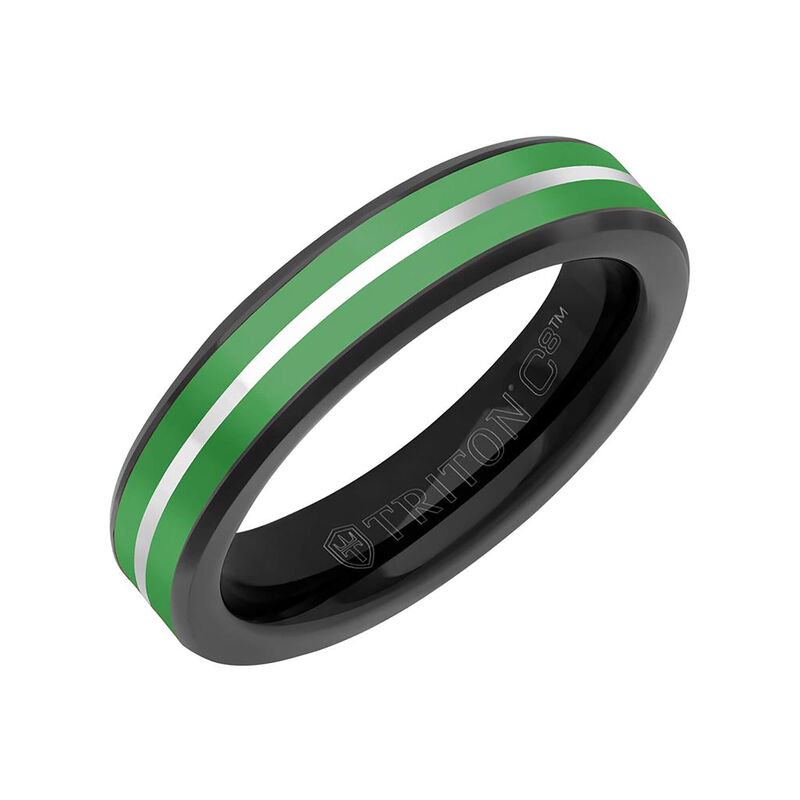 TRITON Green Ceramic Inlay with Silver Center Line and Broken Edge Band in Black Tungsten Carbide, 5MM image number 0