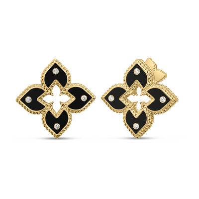 Roberto Coin 18K Yellow Gold Venetian Princess Diamond And Black Enamel Flower Stud Earrings