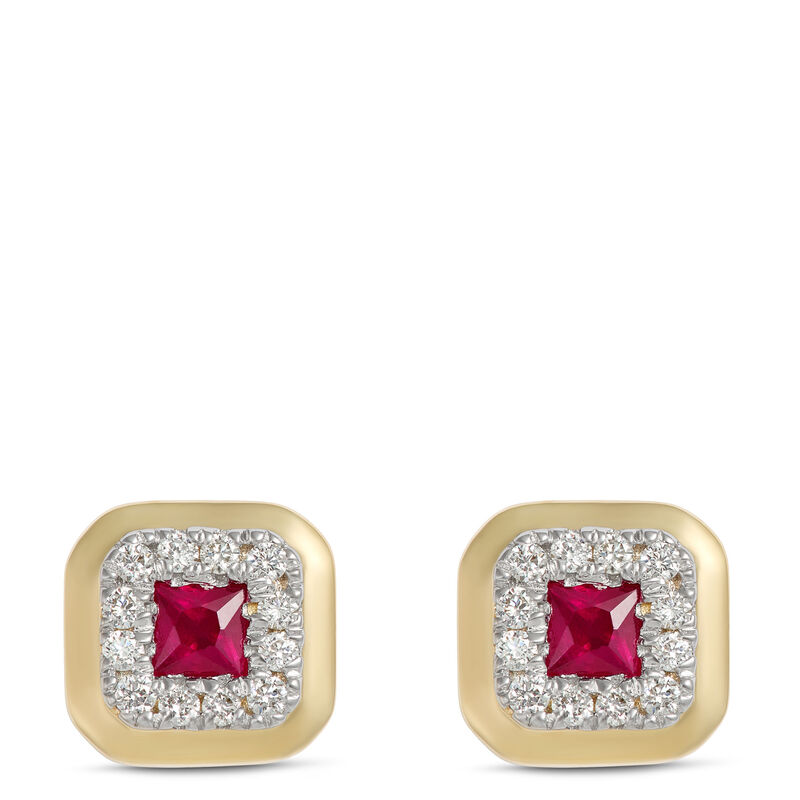 Square Ruby and Round Diamond Studs, 14K Yellow Gold image number 0
