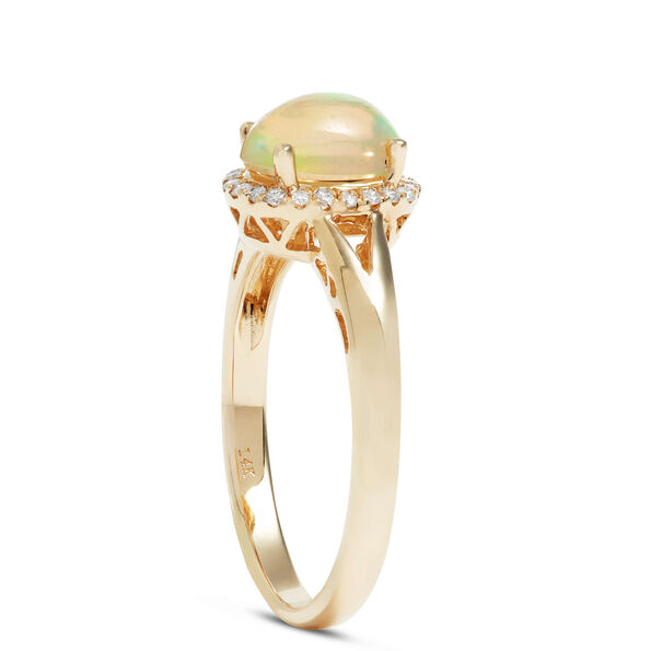 Oval Cut Opal and Diamond Halo Ring, 14K Yellow Gold