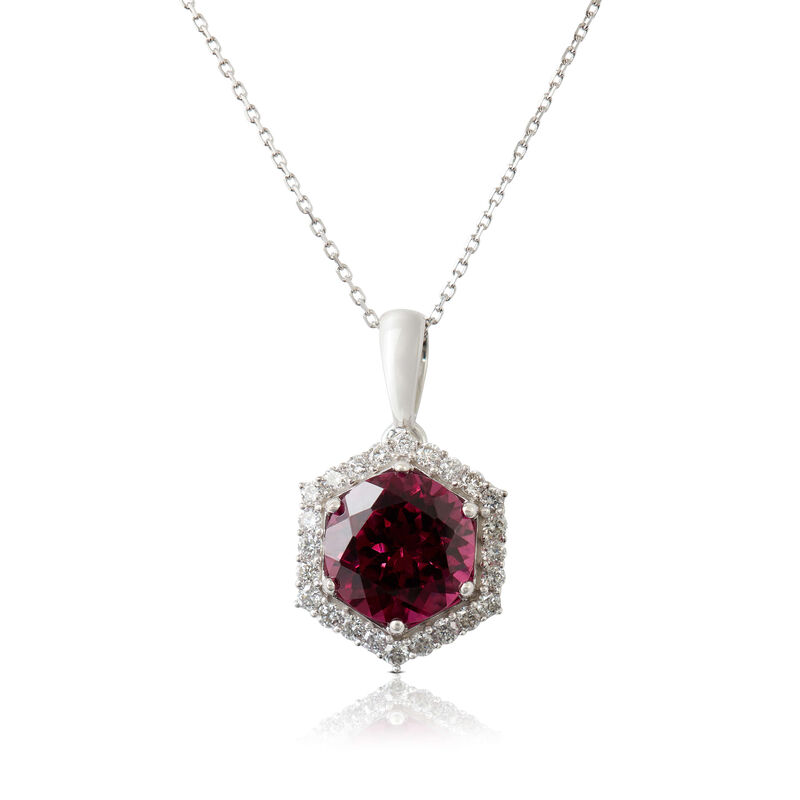Purple Garnet & Diamond Hexagon Halo Necklace 14K image number 0
