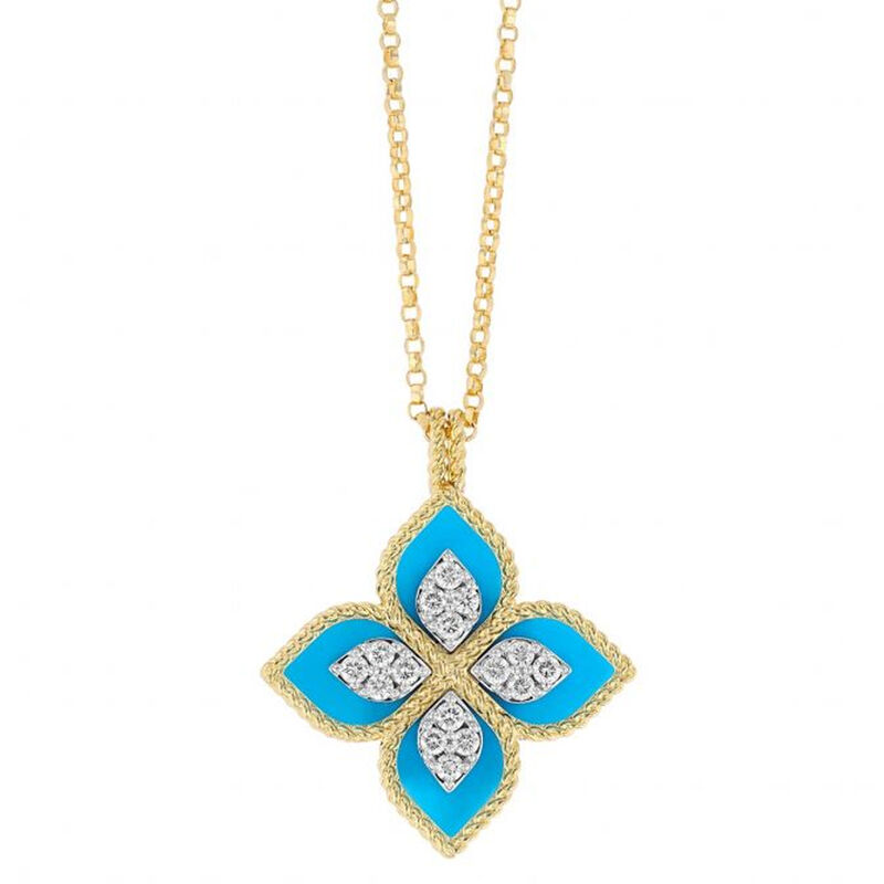 Roberto Coin Venetian Princess Diamond & Turquoise Flower Necklace 18K Yellow/White Gold, 18 Inches image number 0