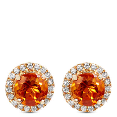 Round Cut Citrine and Diamond Halo Earrings, 14K Yellow Gold