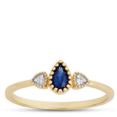 Pear Shaped Sapphire Ring with Accent Diamonds, 14K Yellow Gold