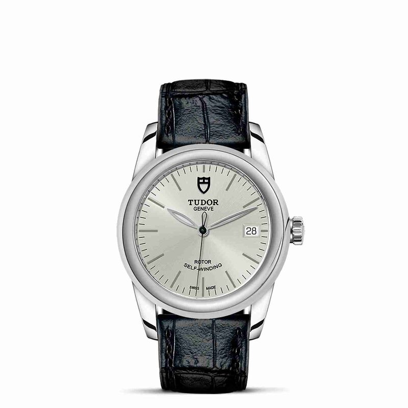 TUDOR Glamour Date Watch Silver Dial Black Leather Strap, 36mm image number 1