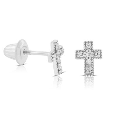 Baby Cross Diamond Earrings 14K