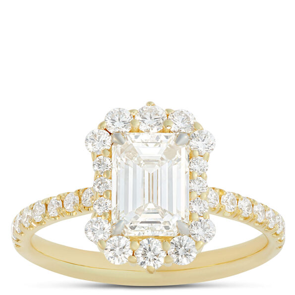 Emerald Cut Diamond Halo Ring, 18K Yellow Gold