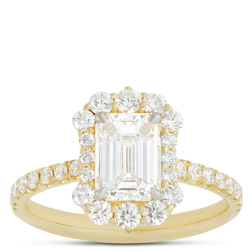 Emerald Cut Diamond Halo Ring, 18K Yellow Gold image number 0