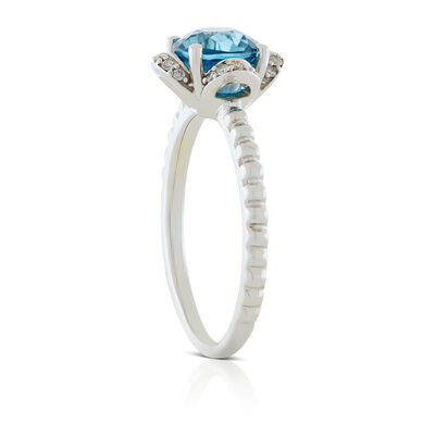 Blue Zircon & Diamond Flower Ring 14K