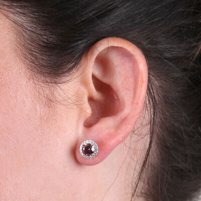 Rose Gold Pink Rhodolite & Diamond Halo Earrings 14K