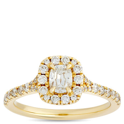 Cushion Cut Diamond Ring with Round Diamond Halo, 1 ⅓ Carat Total Weight, 14K Yellow Gold