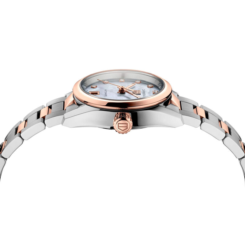 TAG Heuer Carrera Date Watch Mother of Pearl Dial Steel and 18K Rose Gold Bracelet, 29mm image number 2