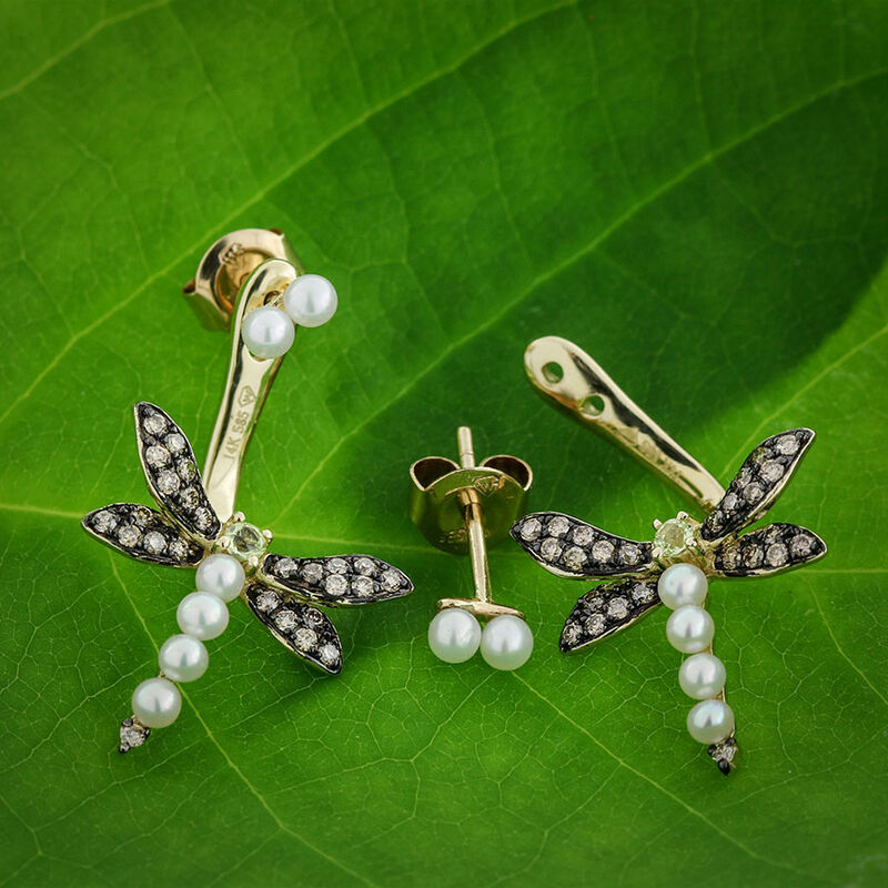Brown Diamond, Peridot & Pearl Dragonfly Earrings 14K image number 3