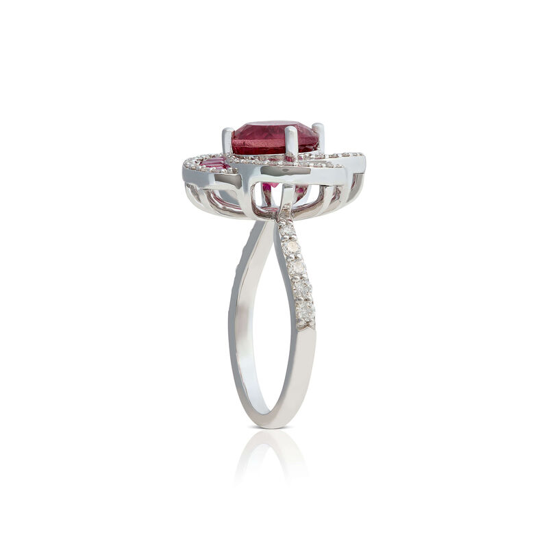 Pink Tourmaline, Baguette Ruby & Diamond Flower Ring 14K image number 1