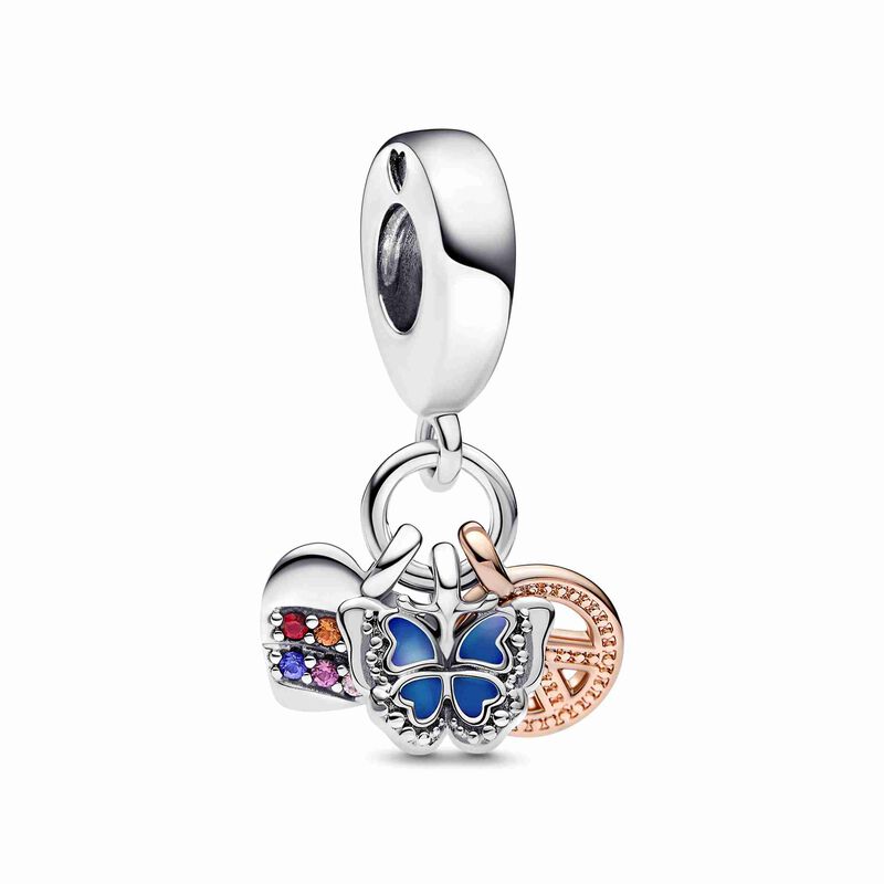 Pandora Two-Tone Rainbow Heart, Butterfly & Peace Triple Dangle Charm image number 1