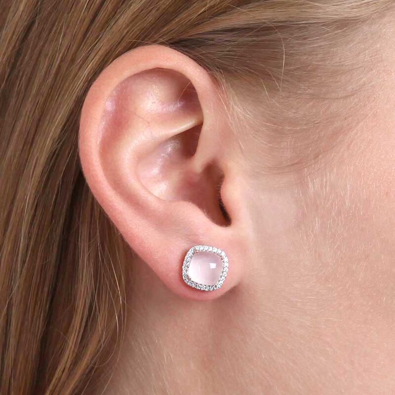 Cabochon Rose Quartz & Diamond Earrings 14K image number 2