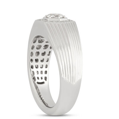 Hexagon Ring with Round Diamonds and Ribbed Shank, 0.66 Total Carat Weight, 18K White Gold