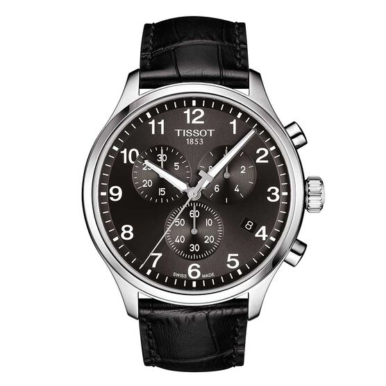 Tissot Chrono XL Classic Black Dial Leather Steel Watch, 45mm