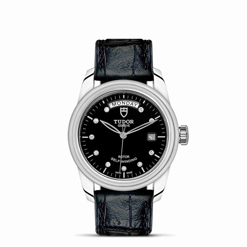 TUDOR Glamour Date+Day Watch Black Dial Black Leather Strap, 39mm image number 1