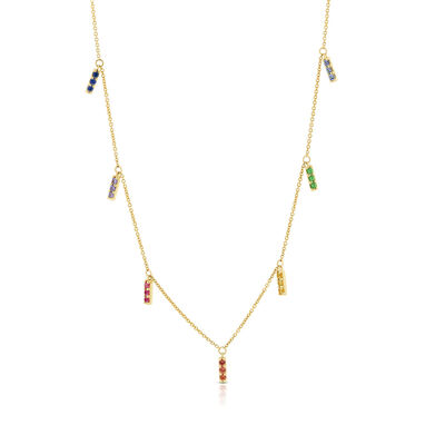 Rainbow Sapphire & Tsavorite Garnet Dangle Bar Necklace 14K