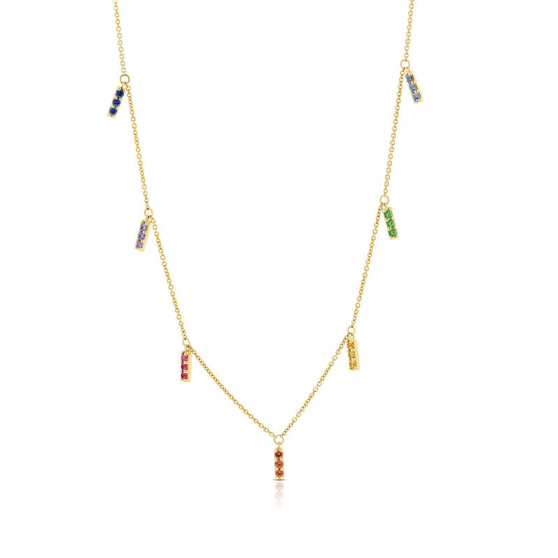 Rainbow Sapphire & Tsavorite Garnet Dangle Bar Necklace 14K image number 1