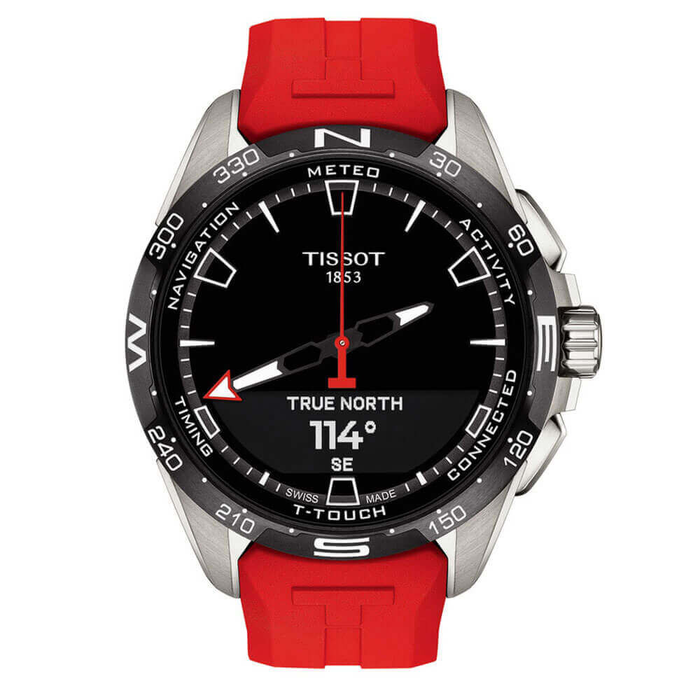 TISSOT T-Touch Connect Solar レッドラバーベルト Tissot T-Touch Connect Solar Red Rubber Titanium Watch, 47.5mm