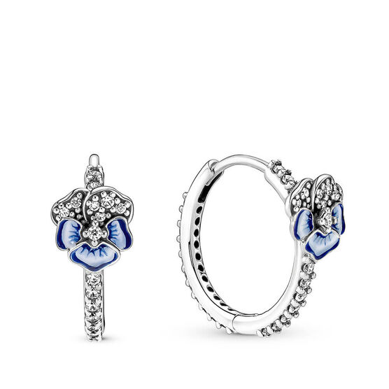 Pandora Blue Pansy Flower Enamel & CZ Hoop Earrings